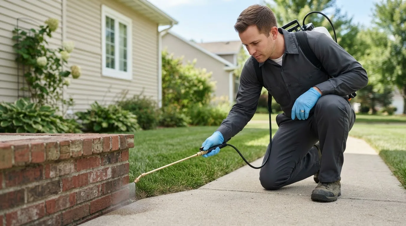 Pest control technician treating a home near Cherokee, KS
